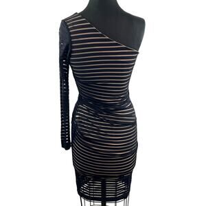 Nicole Miller Artelier Black Beige Bodycon Dress Striped One Shoulder Neck 2?